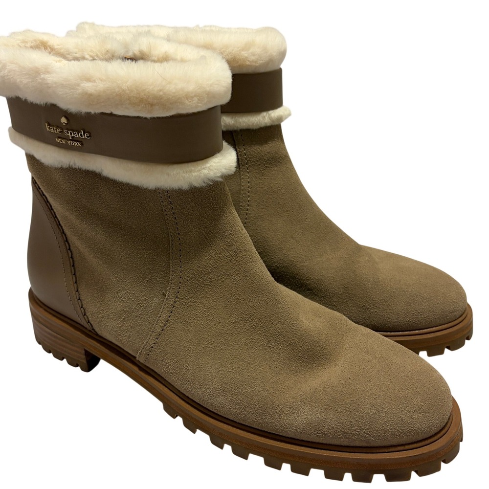 Kate Spade BAILEE Winter Booties Suede Faux Fur Trim Ankle Boots Tan 11B